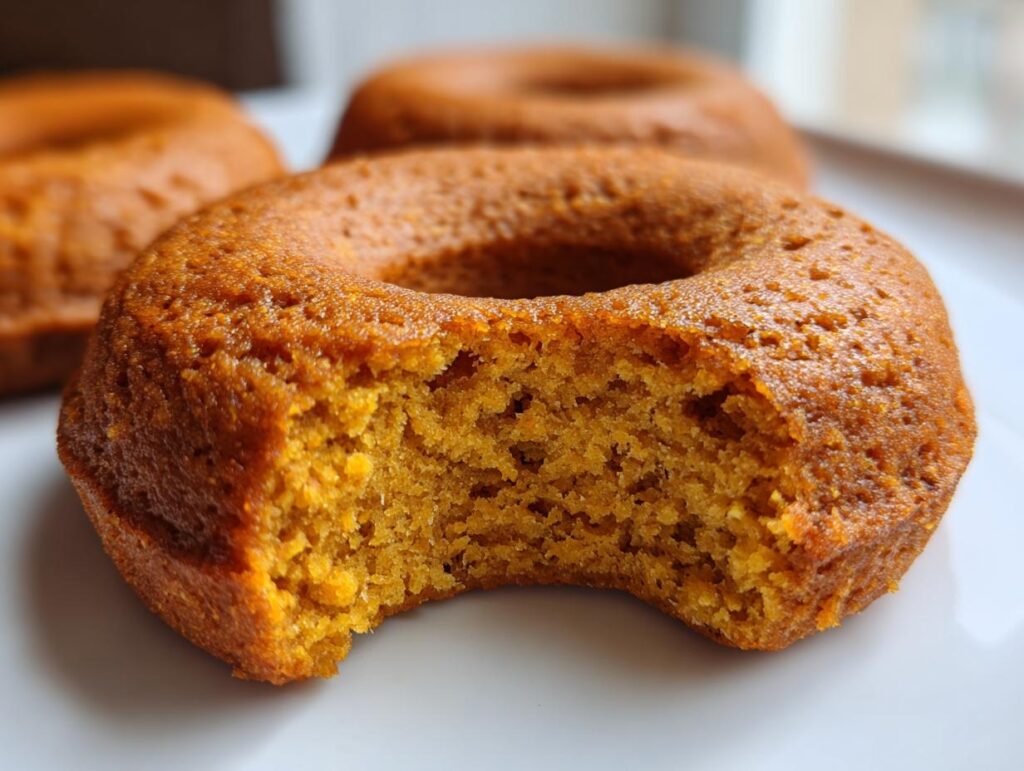 Close-up of a homemade Apple Carrot Dog Donut with a bite taken out, showing the texture.