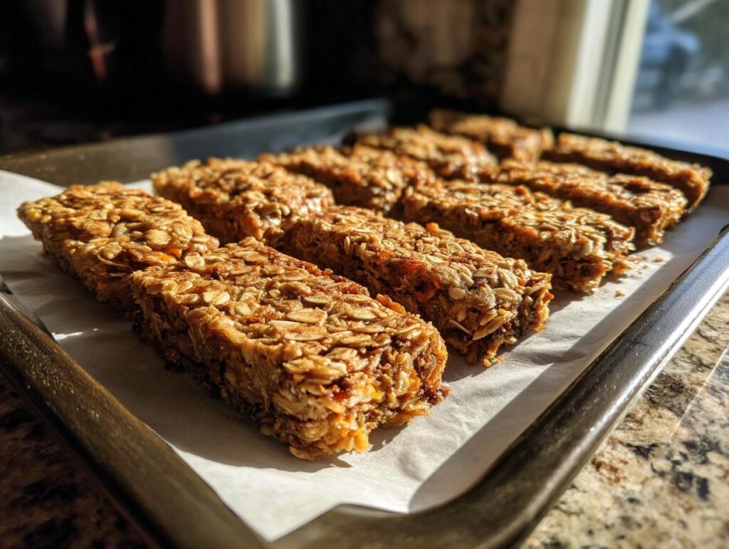 Close-up of freshly baked Apple Carrot Oat Dog Treats on a baking sheet.