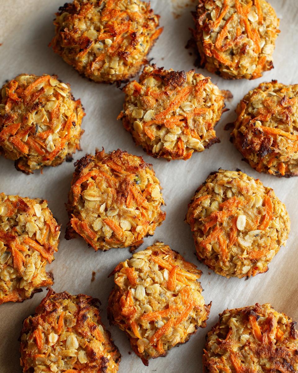Overhead shot of freshly baked Apple Carrot Oat Dog Treats on parchment paper.