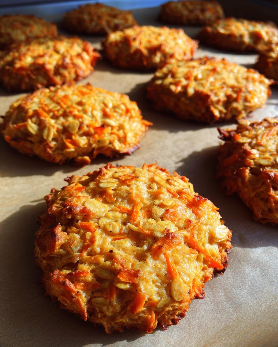 Close-up of freshly baked Apple Carrot Oat Dog Treats on parchment paper.