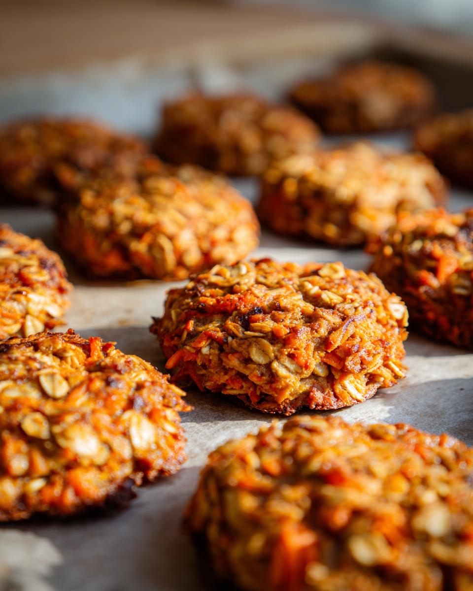 Close-up of freshly baked Apple Carrot Oat Dog Treats on parchment paper.