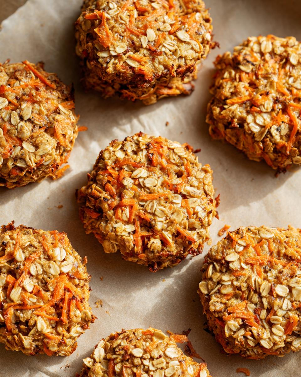 Overhead shot of freshly baked Apple Carrot Oat Dog Treats on parchment paper.