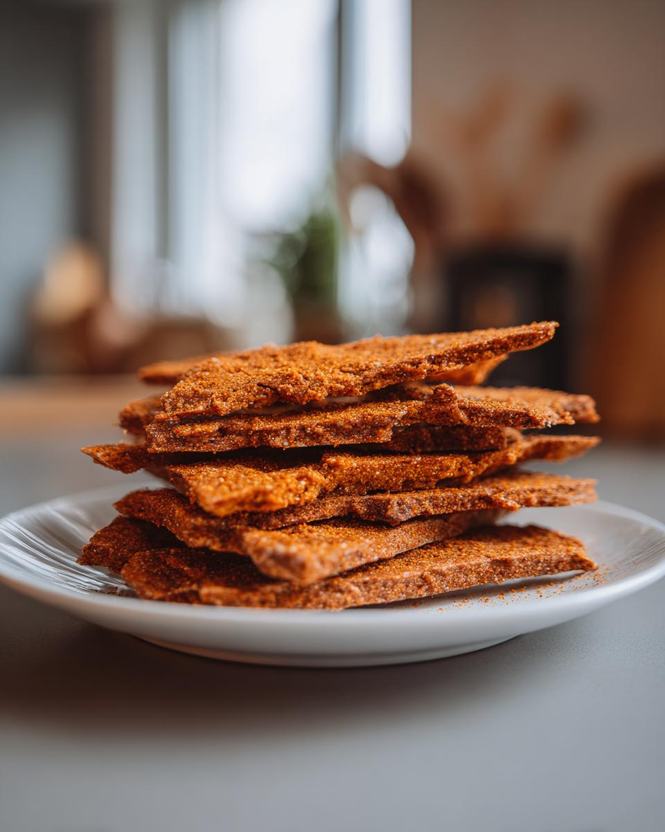 Close-up of a stack of homemade Apple Cinnamon Crunchy Dog Treats on a white plate.