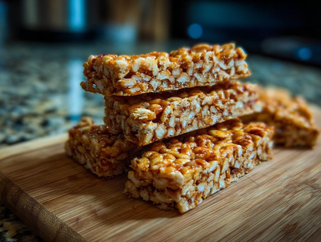 Close-up of stacked Apple Cinnamon Dog Snack Squares on a wooden board, ready to eat.