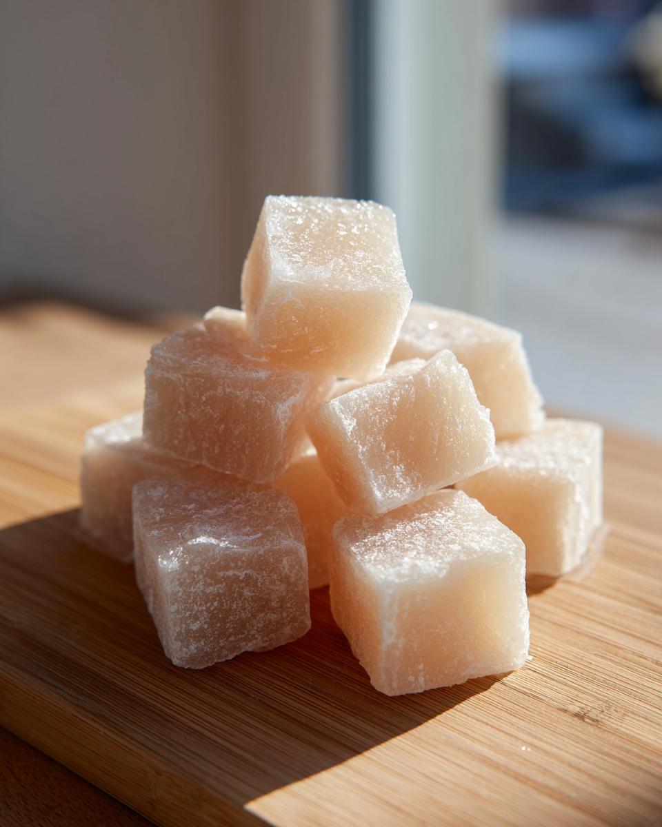 Close-up of a pile of apple yogurt frozen dog treat cubes on a wooden board. The primary keyword is Apple Yogurt Frozen Dog Treat Cubes.