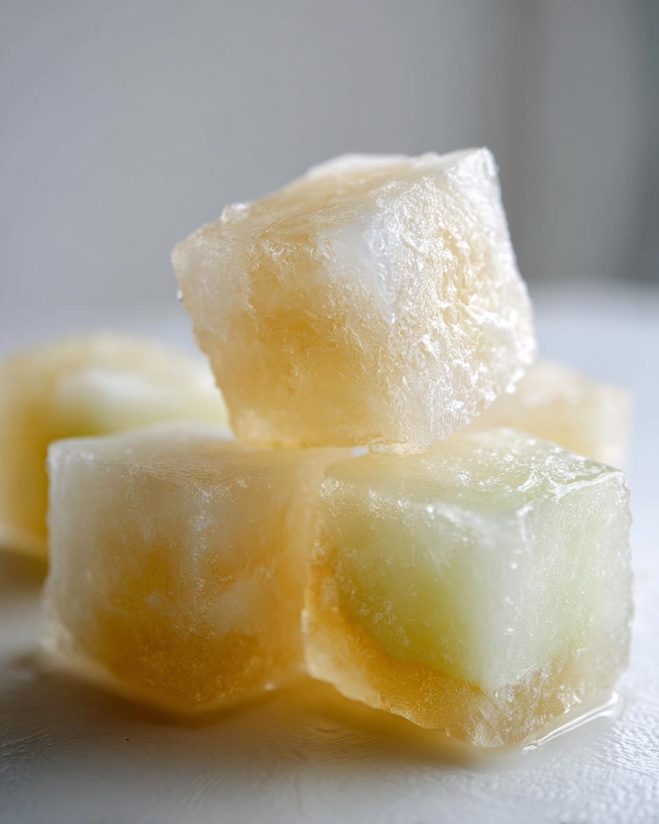 Close-up of frozen Apple Yogurt Frozen Dog Treat Cubes, stacked on a white surface.