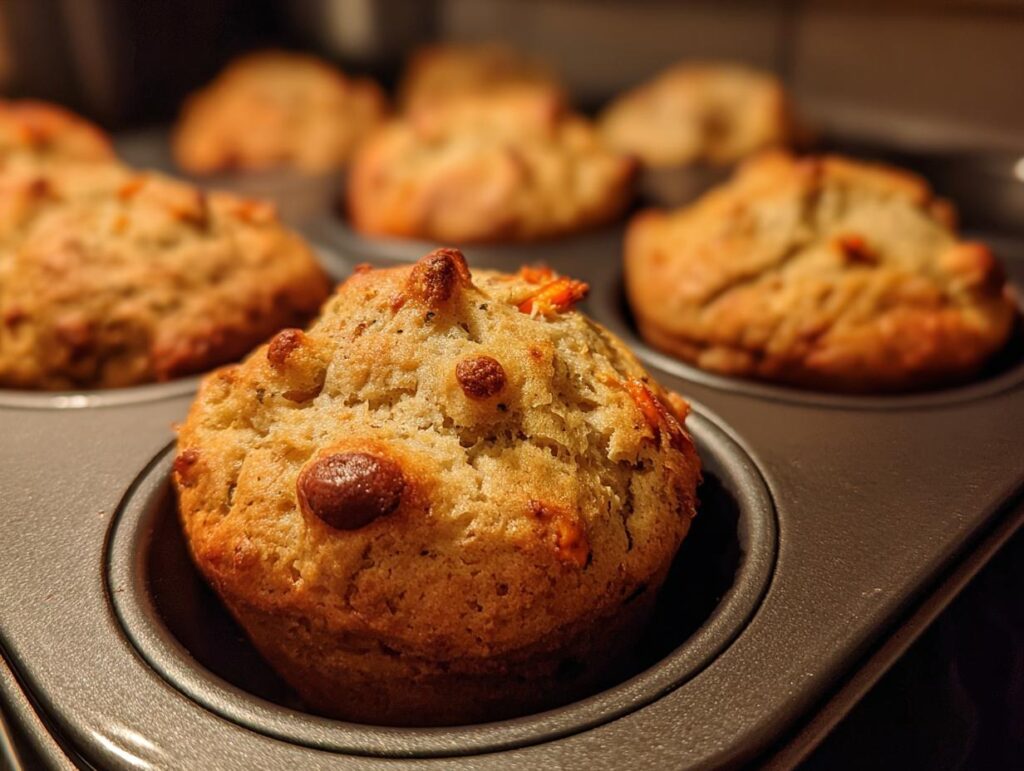 Close-up of freshly baked Chicken and Carrot Dog Muffins in a muffin tin, ready to serve.