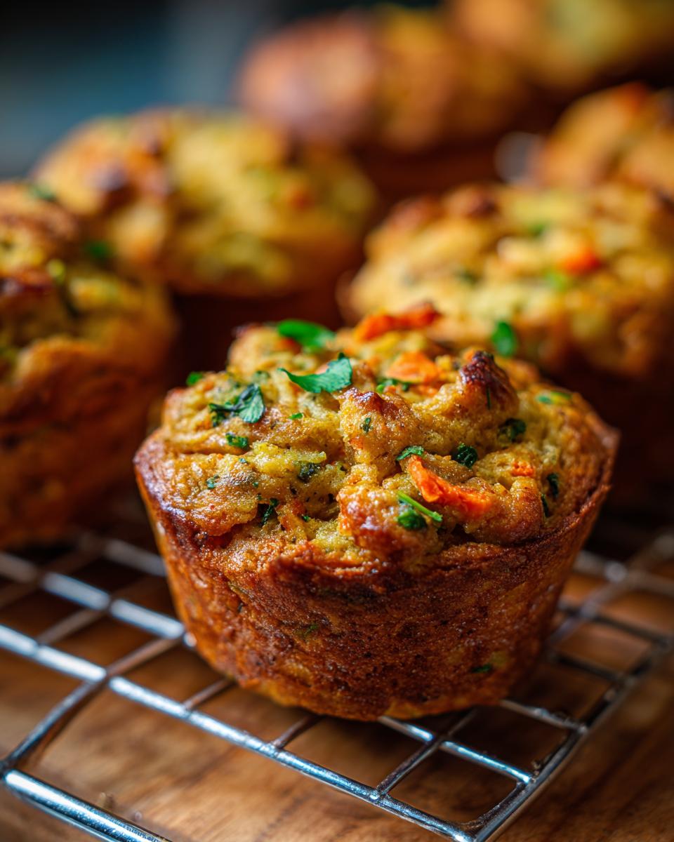 Close-up of a Baked Chicken and Carrot Dog Muffin on a cooling rack, with other muffins in the background.
