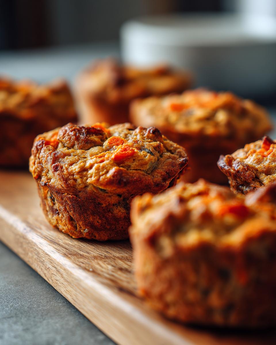 Close-up of Baked Chicken and Carrot Dog Muffins on a wooden board, ready to eat.