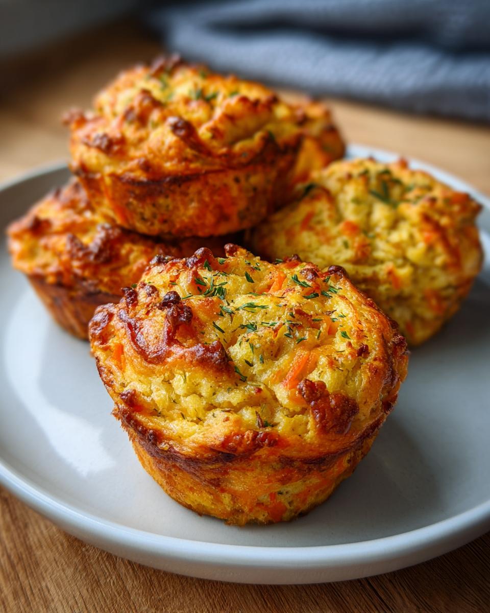 Close-up of a stack of Baked Chicken and Carrot Dog Muffins on a plate, showing texture and ingredients.