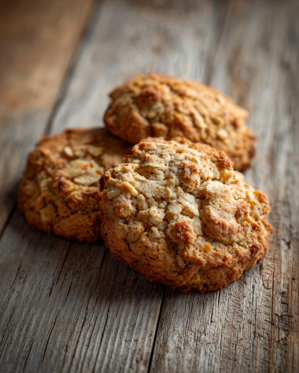 Close-up of three Banana Oat Healthy Dog Cookies on a rustic wooden surface.