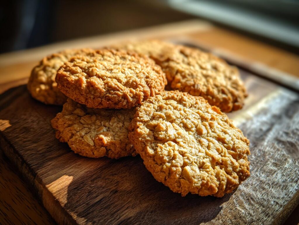 Close-up of a stack of Banana Oat Healthy Dog Cookies on a wooden board.