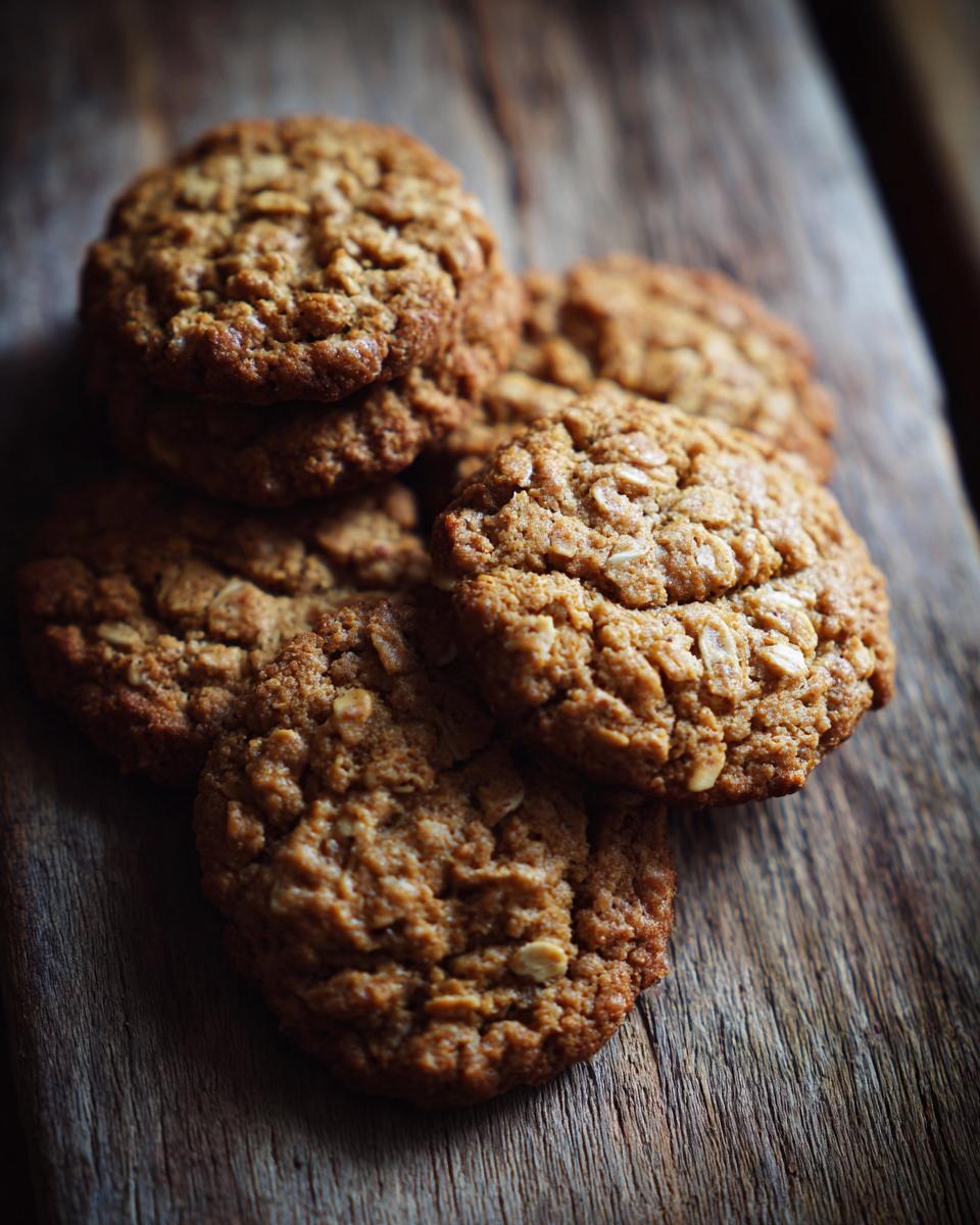 Close-up of a pile of freshly baked Banana Oat Healthy Dog Cookies on a wooden surface.