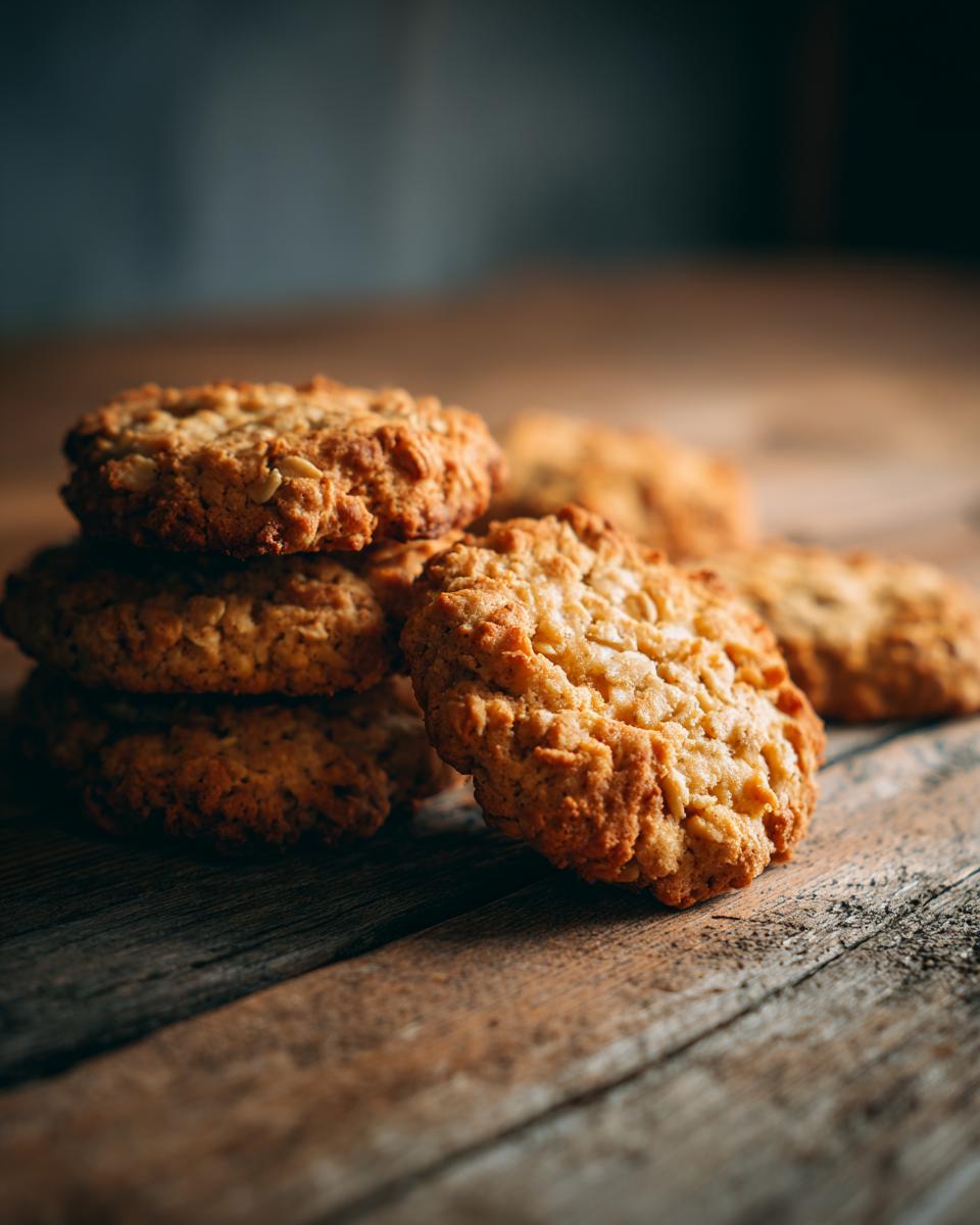 Pile of homemade Banana Oat Healthy Dog Cookies on a wooden surface.