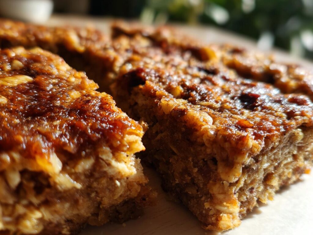 Close-up of a Banana Oat No-Bake Dog Bar, showing texture and ingredients. Perfect treat for your dog!