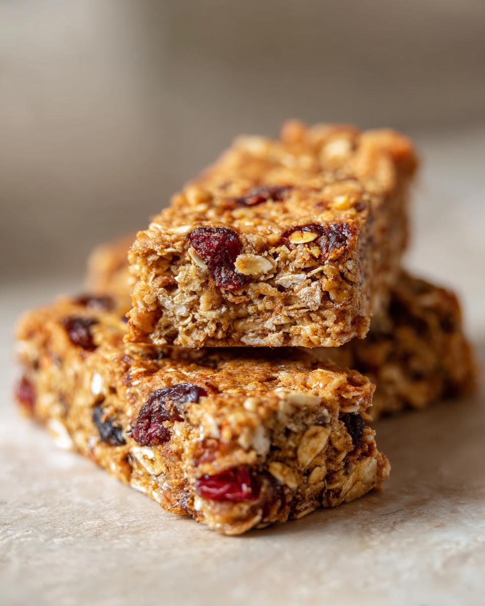 Close-up of stacked Banana Oat No-Bake Dog Bars with visible oats and dried fruit.