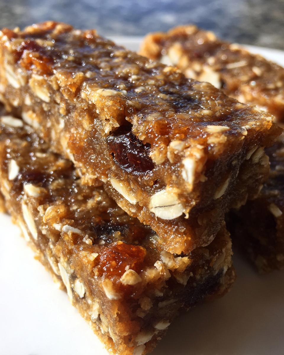 Close-up of a stack of Banana Oat No-Bake Dog Bars, showing oats, and dried fruit.