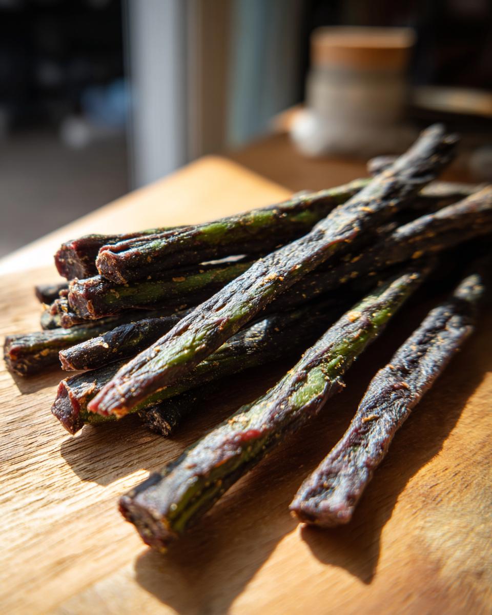 Close-up of homemade Beef and Green Bean Dog Treat Sticks on a wooden board.