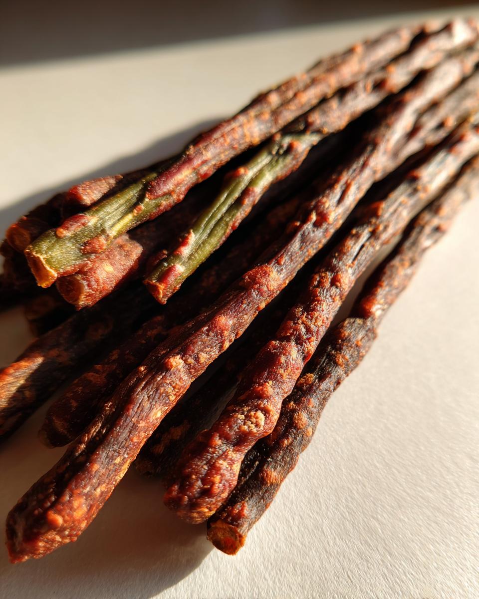 Close-up of several Beef and Green Bean Dog Treat Sticks, showing texture and ingredients.