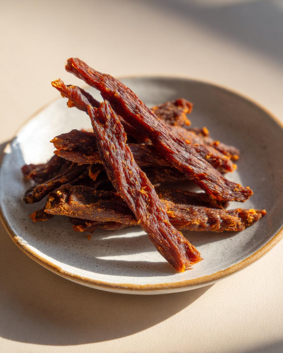 Close-up of a pile of homemade Beef and Pumpkin Chewy Dog Treat Sticks on a plate.