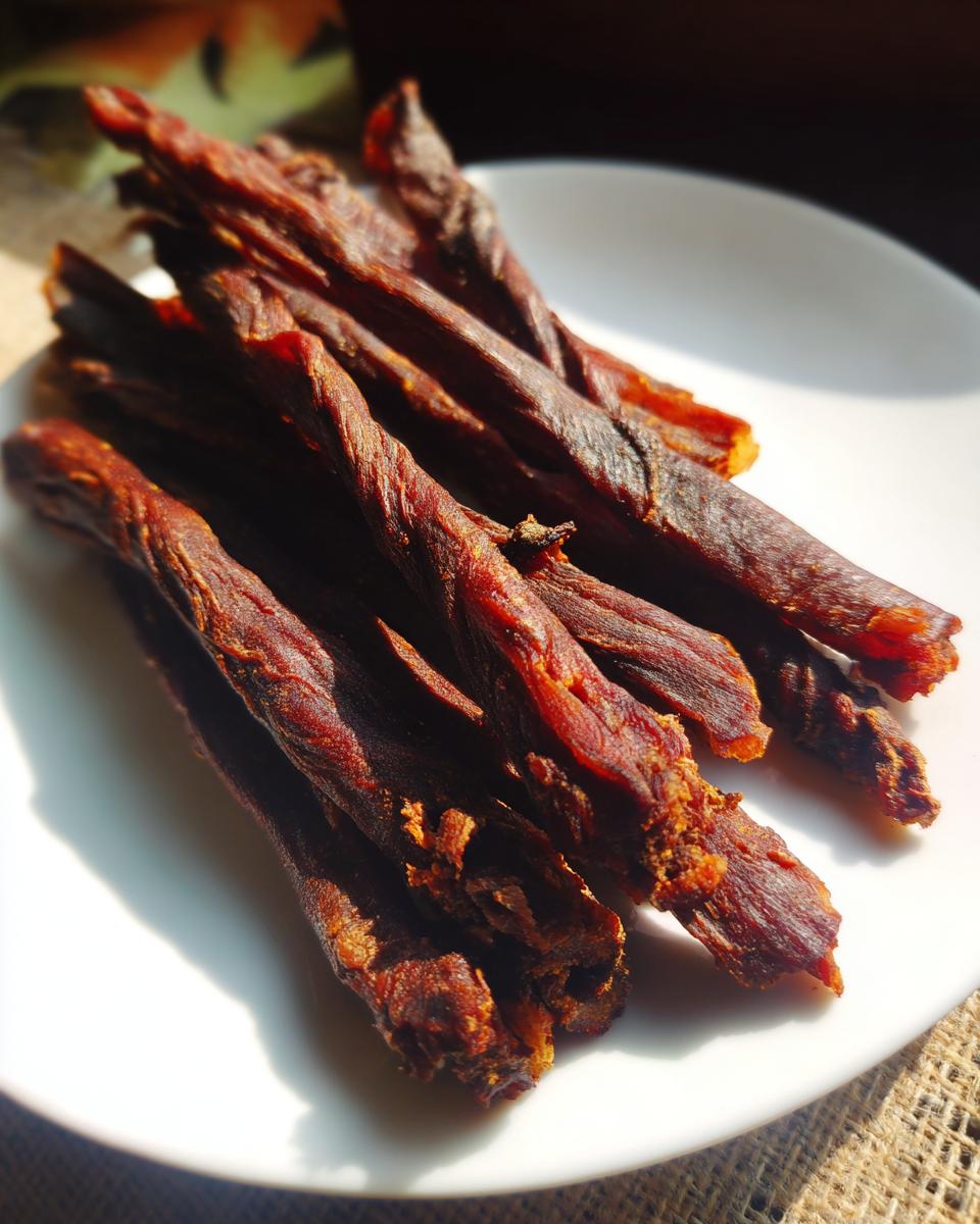 Close-up of several Beef & Apple Healthy Dog Chew Sticks on a white plate, showing texture and detail.