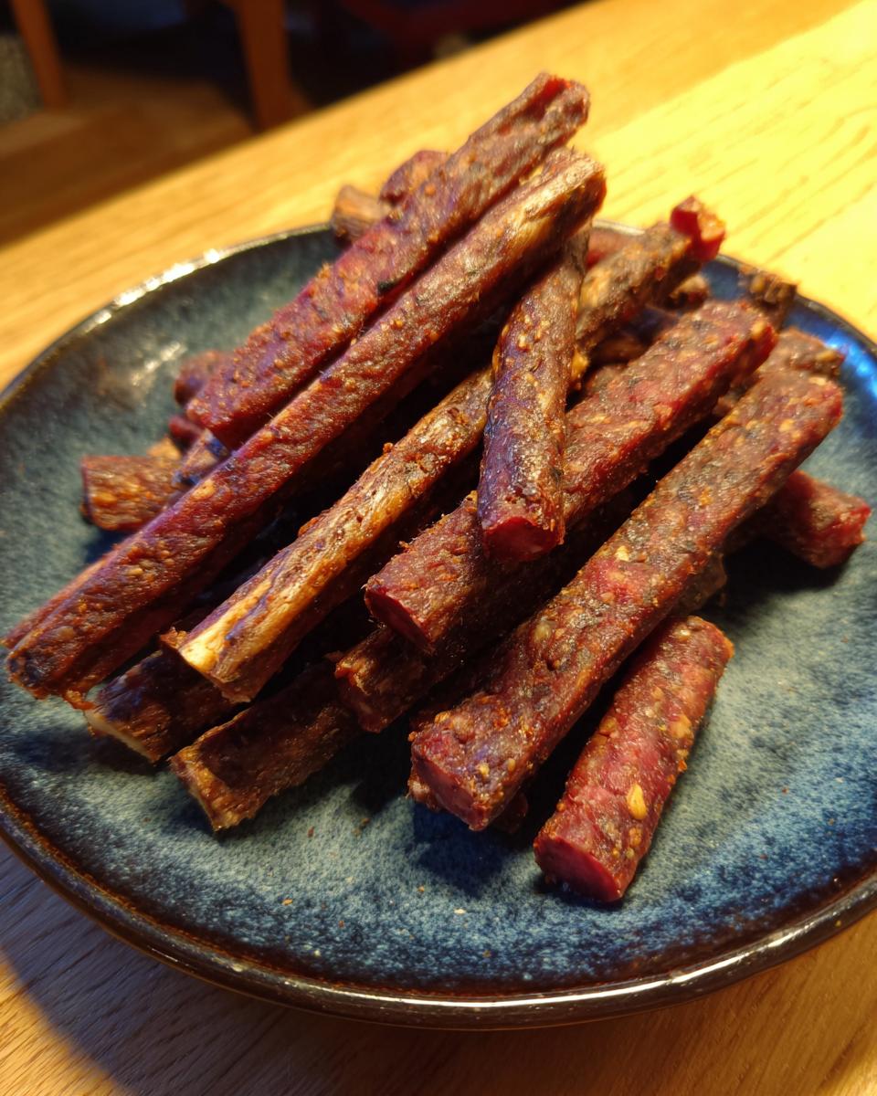 Close-up of a pile of Beef & Apple Healthy Dog Chew Sticks on a blue plate, ready to be enjoyed.