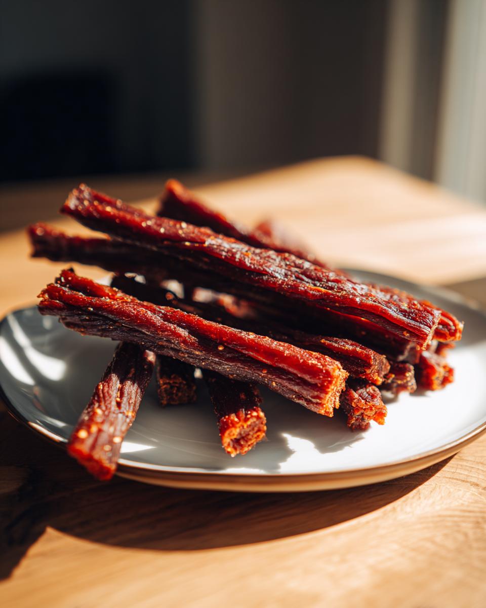 Close-up of a pile of Beef & Apple Healthy Dog Chew Sticks on a white plate.