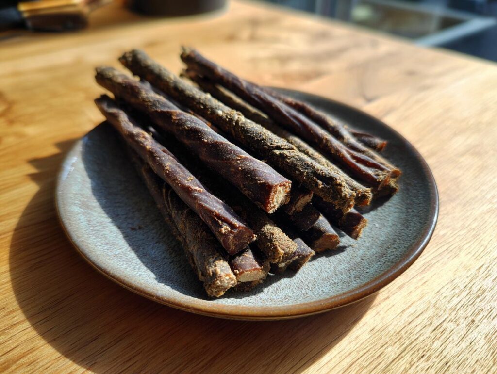 A plate of Beef & Apple Healthy Dog Chew Sticks, ready to be enjoyed.