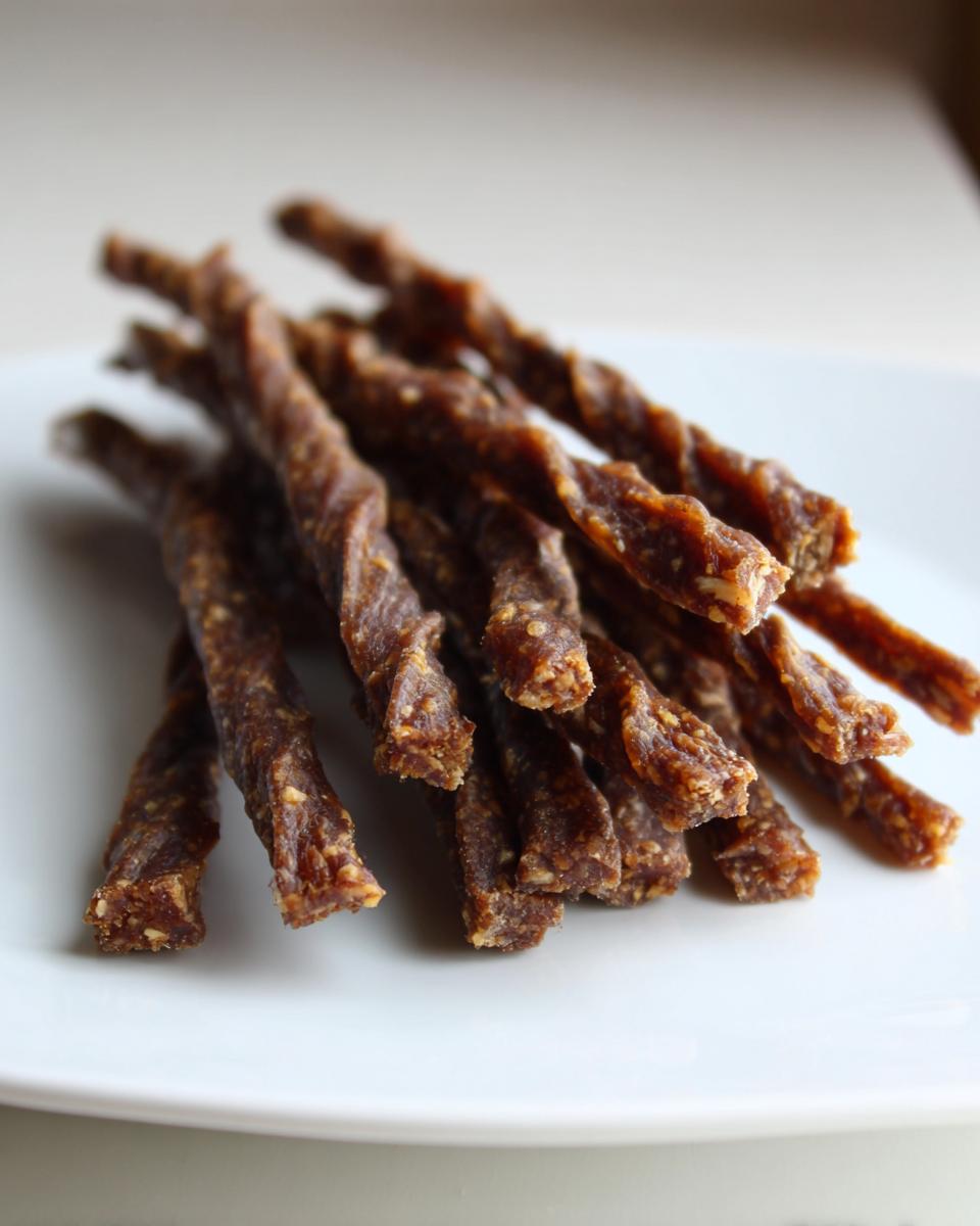Close-up of a pile of homemade Beef and Brown Rice Dog Treat Sticks on a white plate.