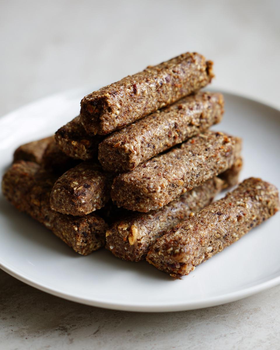 Pile of homemade Beef and Brown Rice Dog Treat Sticks on a white plate.