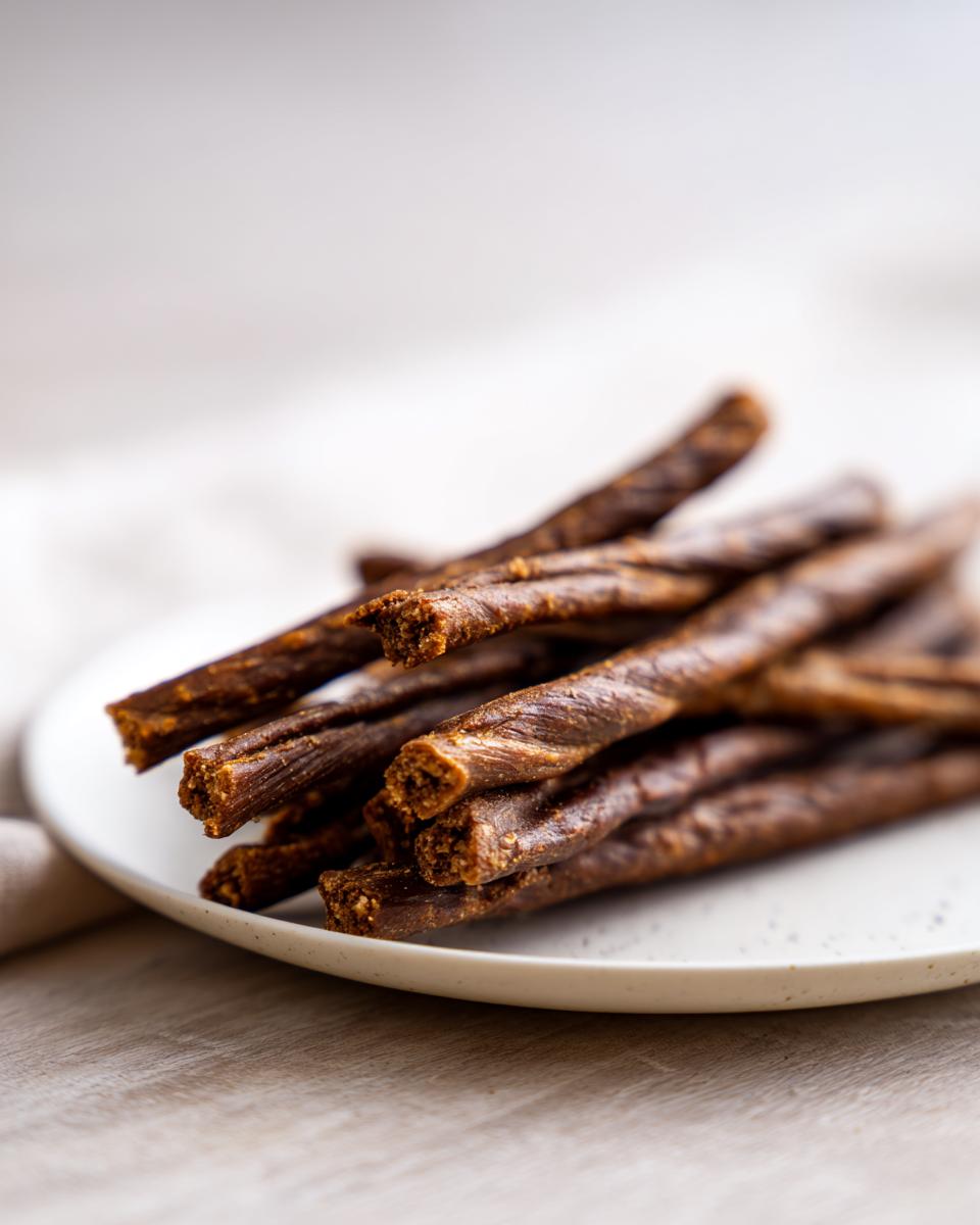 Close-up of a pile of Beef and Brown Rice Dog Treat Sticks on a white plate.