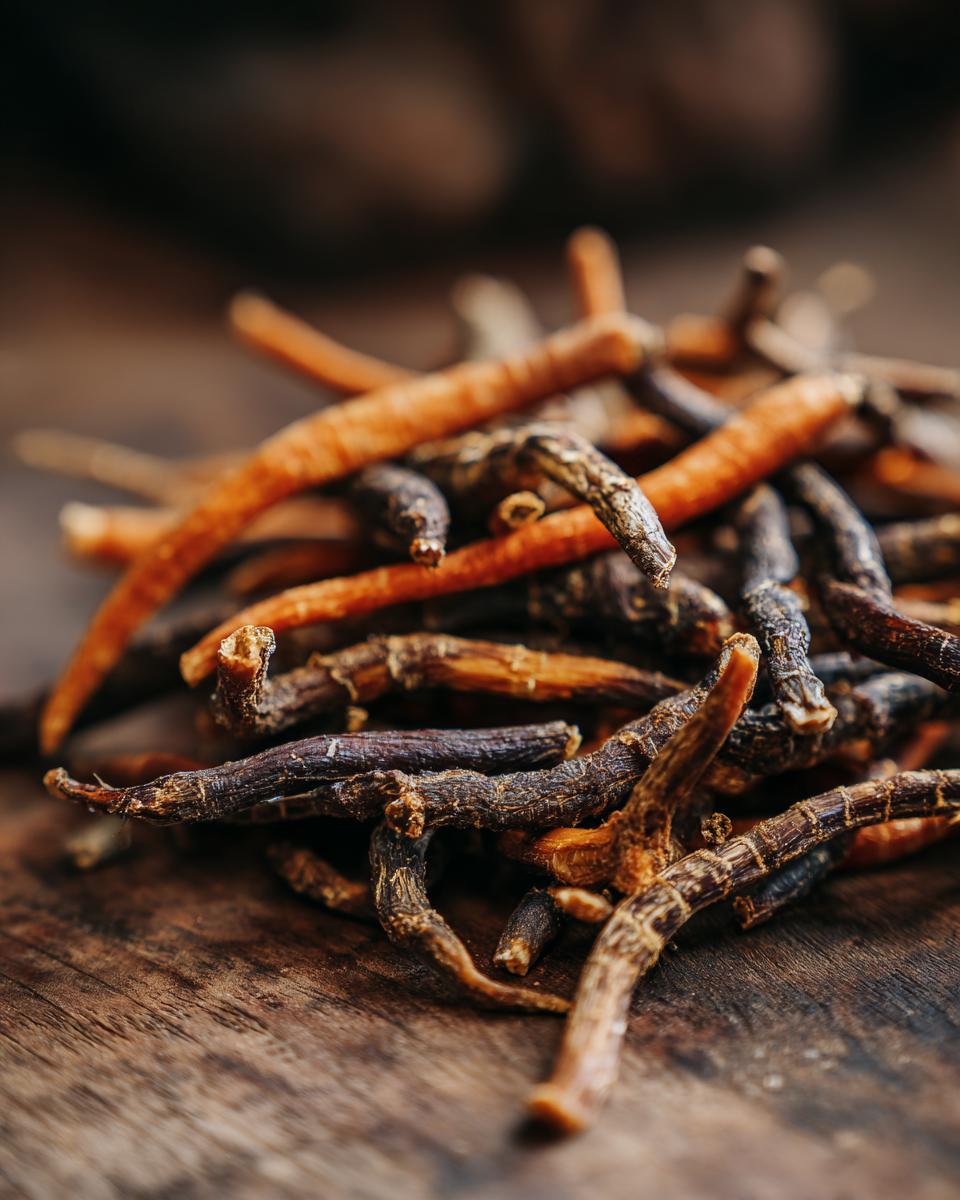Close-up of a pile of Beef and Carrot Training Chew Sticks on a wooden surface.