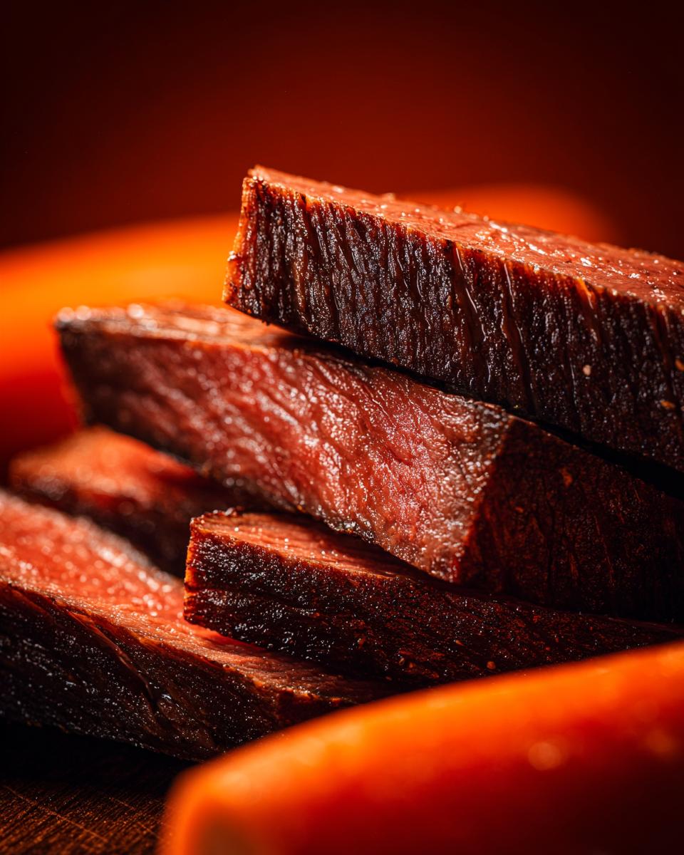 Close-up of stacked Beef and Carrot Training Chew Sticks, showing texture and detail.
