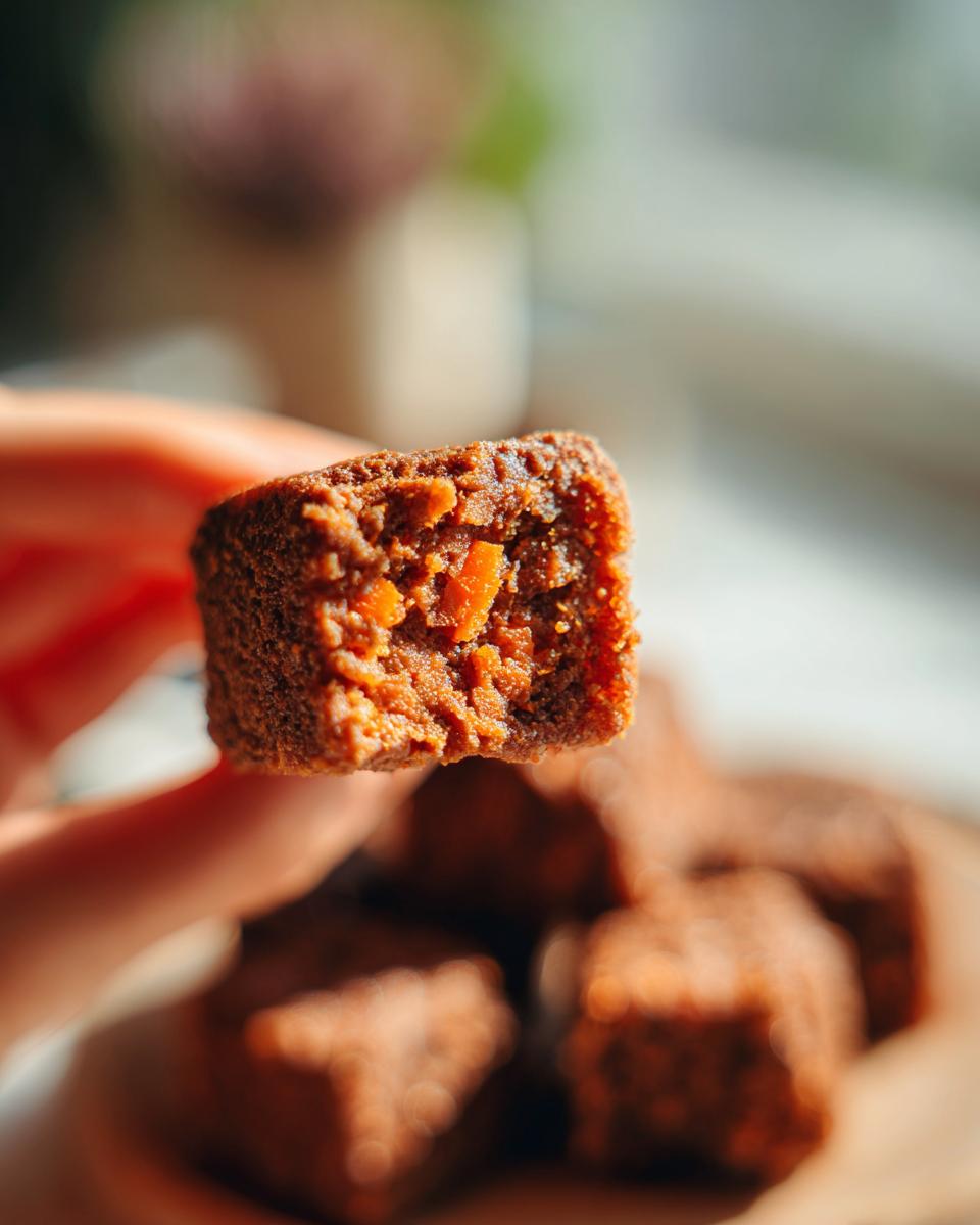 Close-up of a Beef & Carrot Training Treat Cube, showing the texture and ingredients.