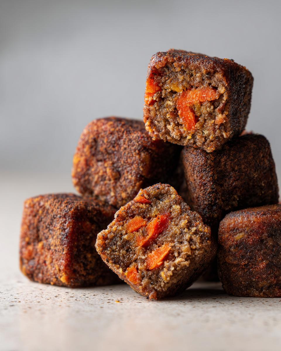 Pile of Beef & Carrot Training Treat Cubes, showing texture and carrot pieces.