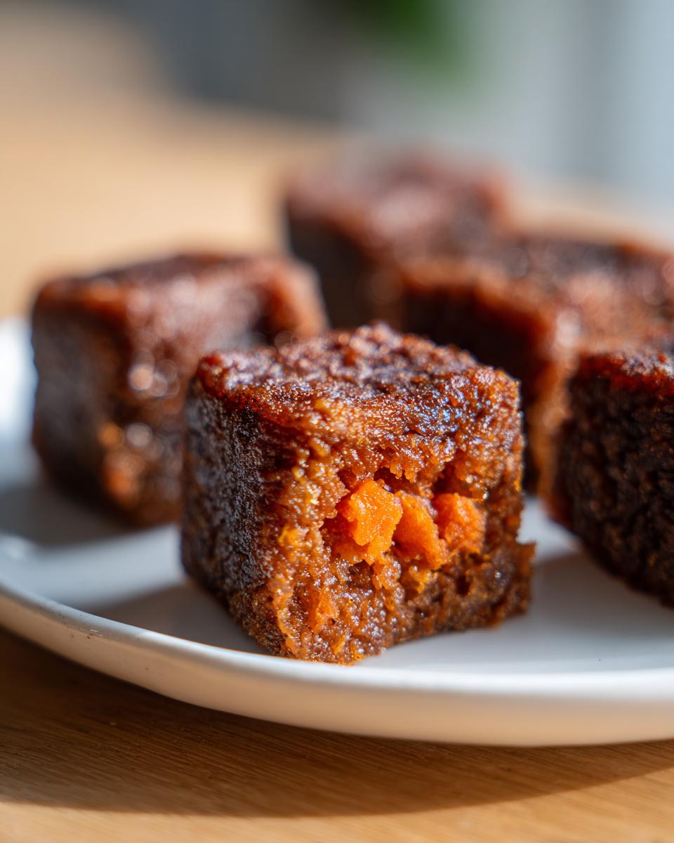 Close-up of several Beef & Carrot Training Treat Cubes on a white plate, showing the texture and carrot pieces.