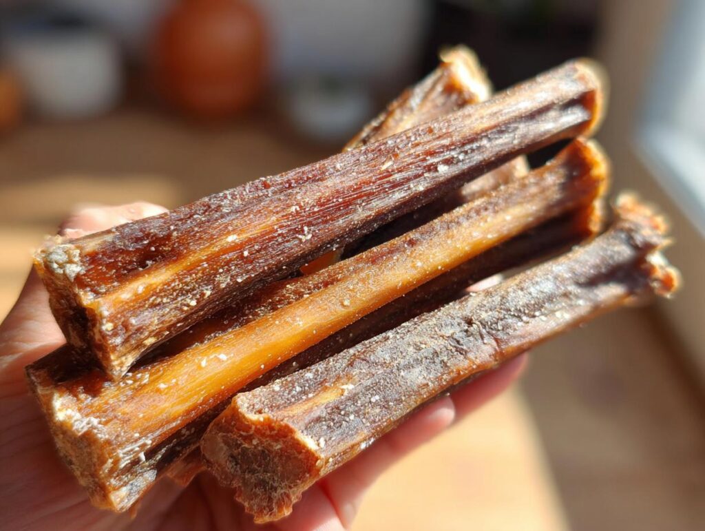 Close-up of several beef and flaxseed healthy dog chews held in a hand.