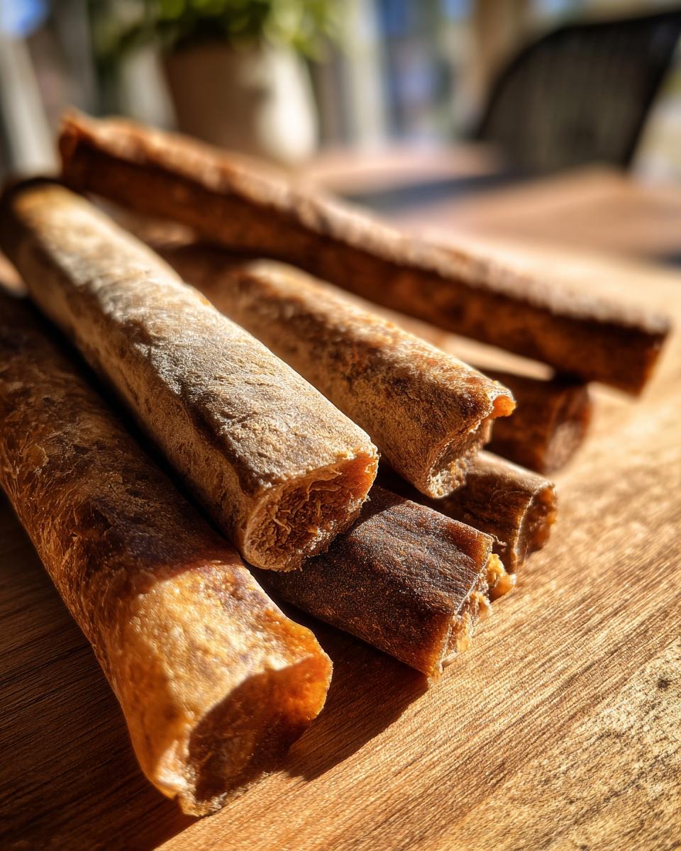 Close-up of homemade beef and flaxseed healthy dog chews on a wooden surface.