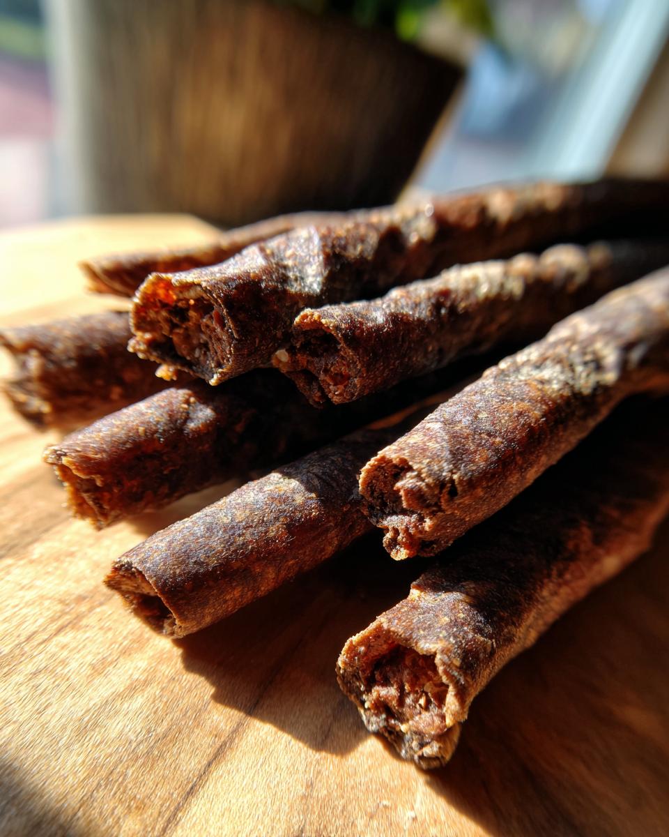 Close-up of several Beef and Flaxseed Healthy Dog Chews on a wooden surface.