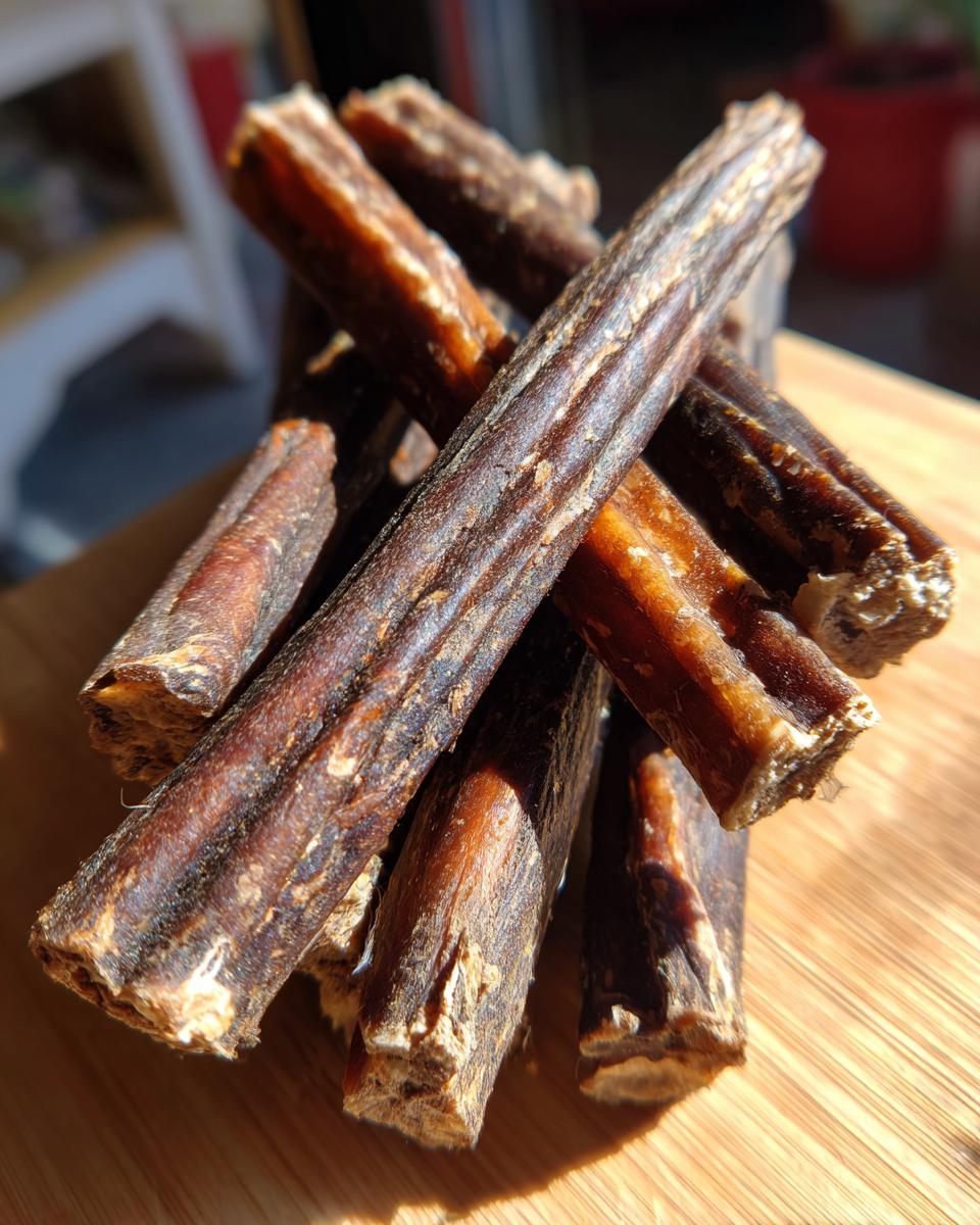 Pile of Beef and Flaxseed Healthy Dog Chews on a wooden surface, close-up shot.