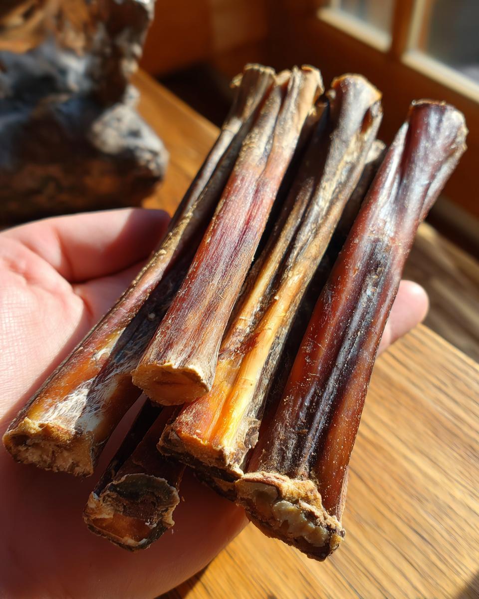 A hand holding several beef and flaxseed healthy dog chews, showing their texture and shape.