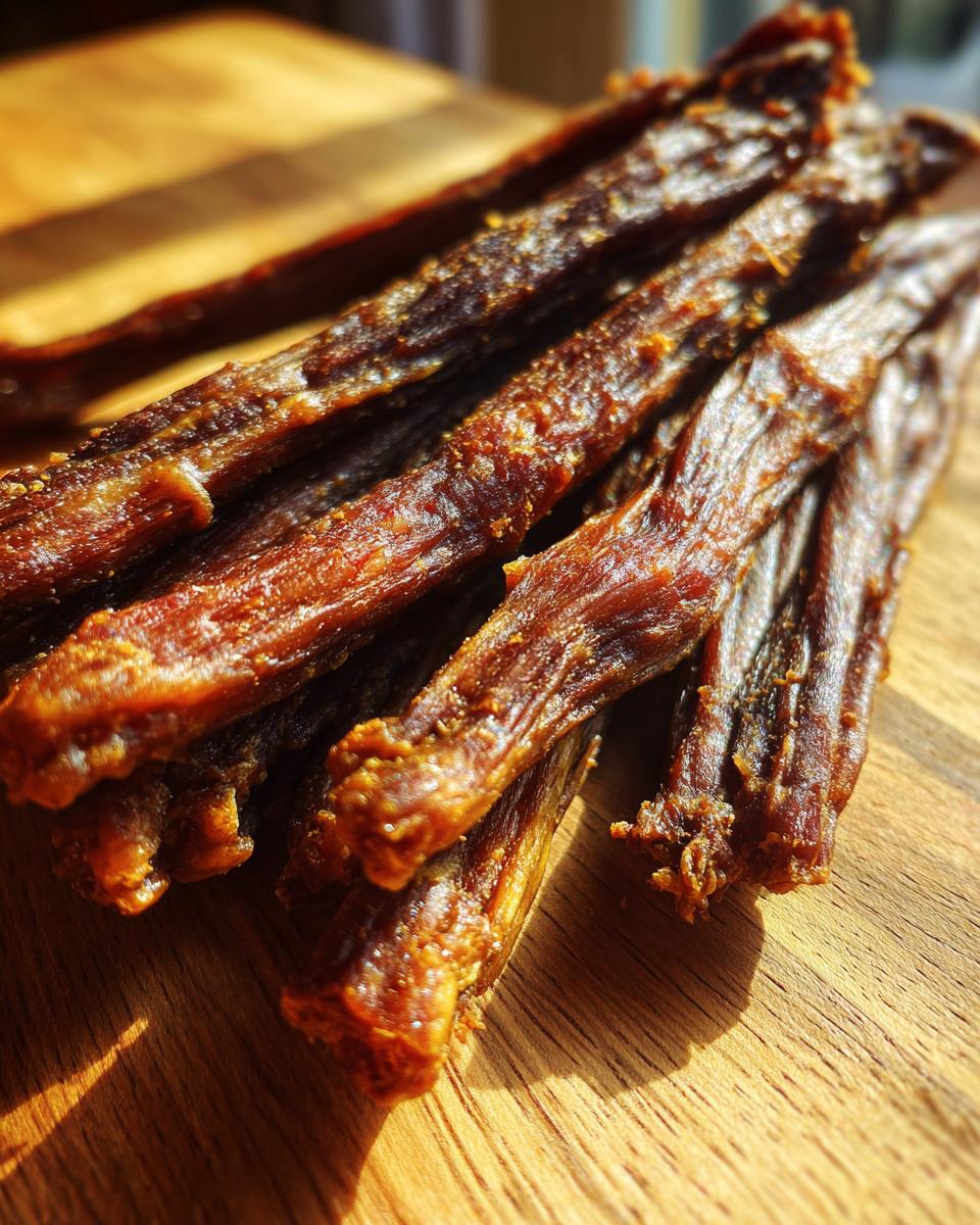Close-up of homemade Beef and Green Bean Dog Treat Sticks on a wooden surface.