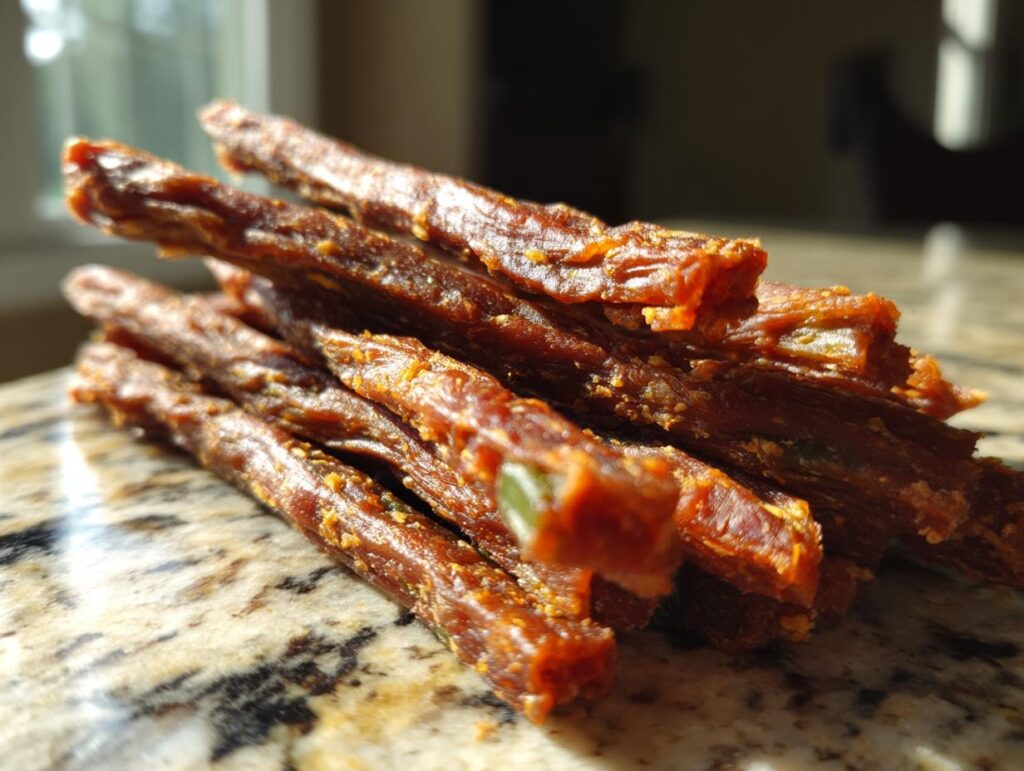 Close-up of a pile of delicious Beef and Green Bean Dog Treat Sticks, homemade dog treats.