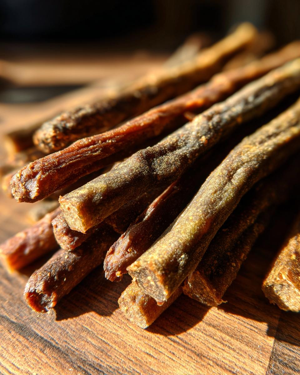 Close-up of homemade Beef and Green Bean Dog Treat Sticks on a wooden surface.