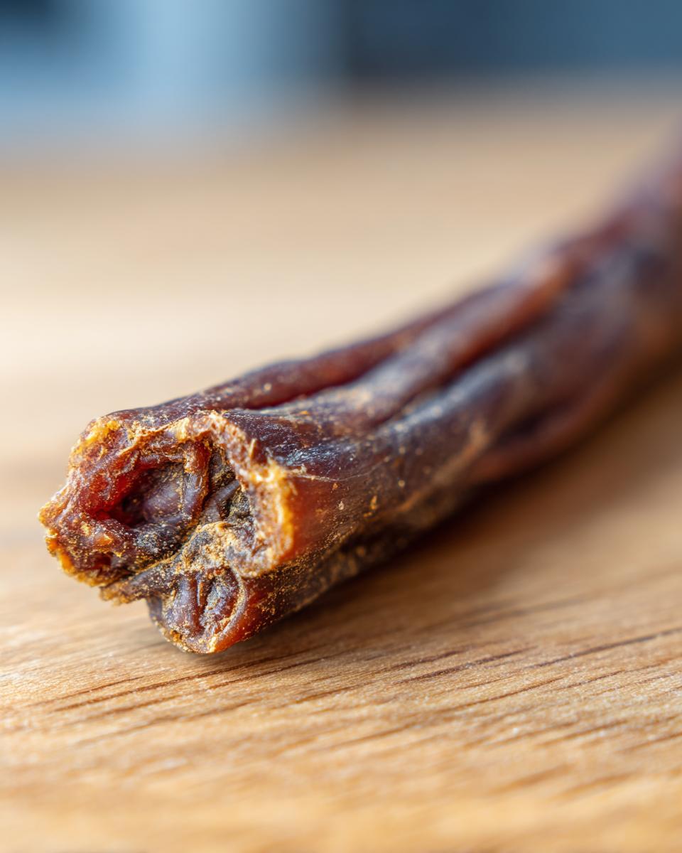 Close-up of a Beef and Lentil Energy Chew Stick for Dogs on a wooden surface.