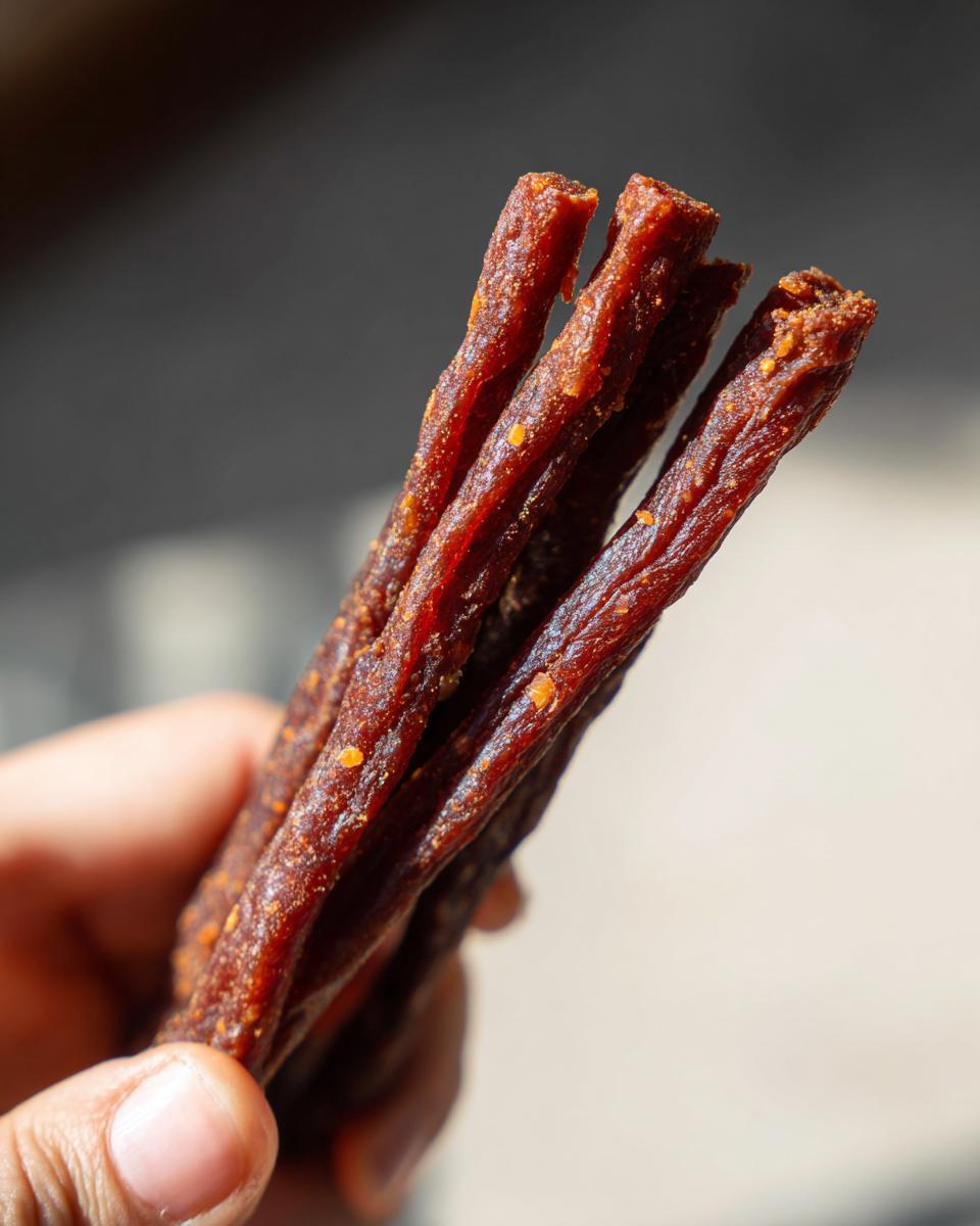 Close-up of several Beef and Lentil Energy Chew Sticks for Dogs held in a hand, showing texture and detail.