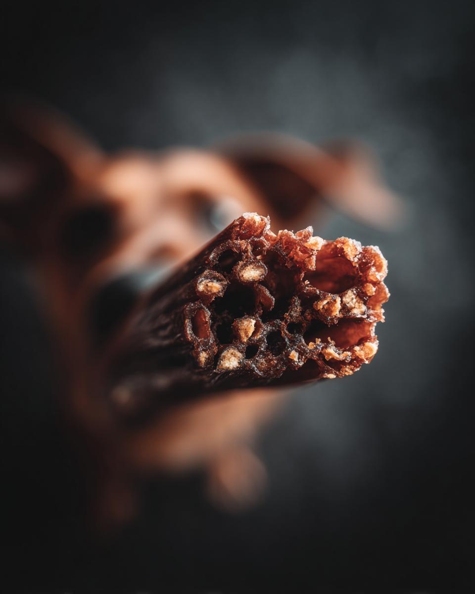 Close-up of a Beef & Oat Long-Lasting Dog Chews showing texture and ingredients.