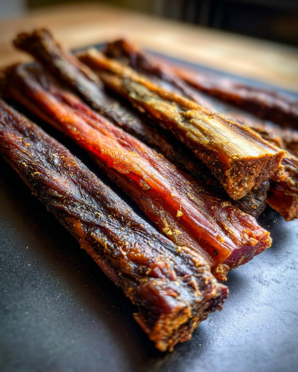 Close-up of several beef and oatmeal long-lasting treat sticks, showing texture and detail.