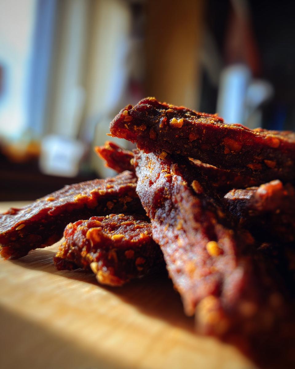 Close-up of several Beef and Oatmeal Long-Lasting Treat Sticks on a wooden surface, showing texture and detail.
