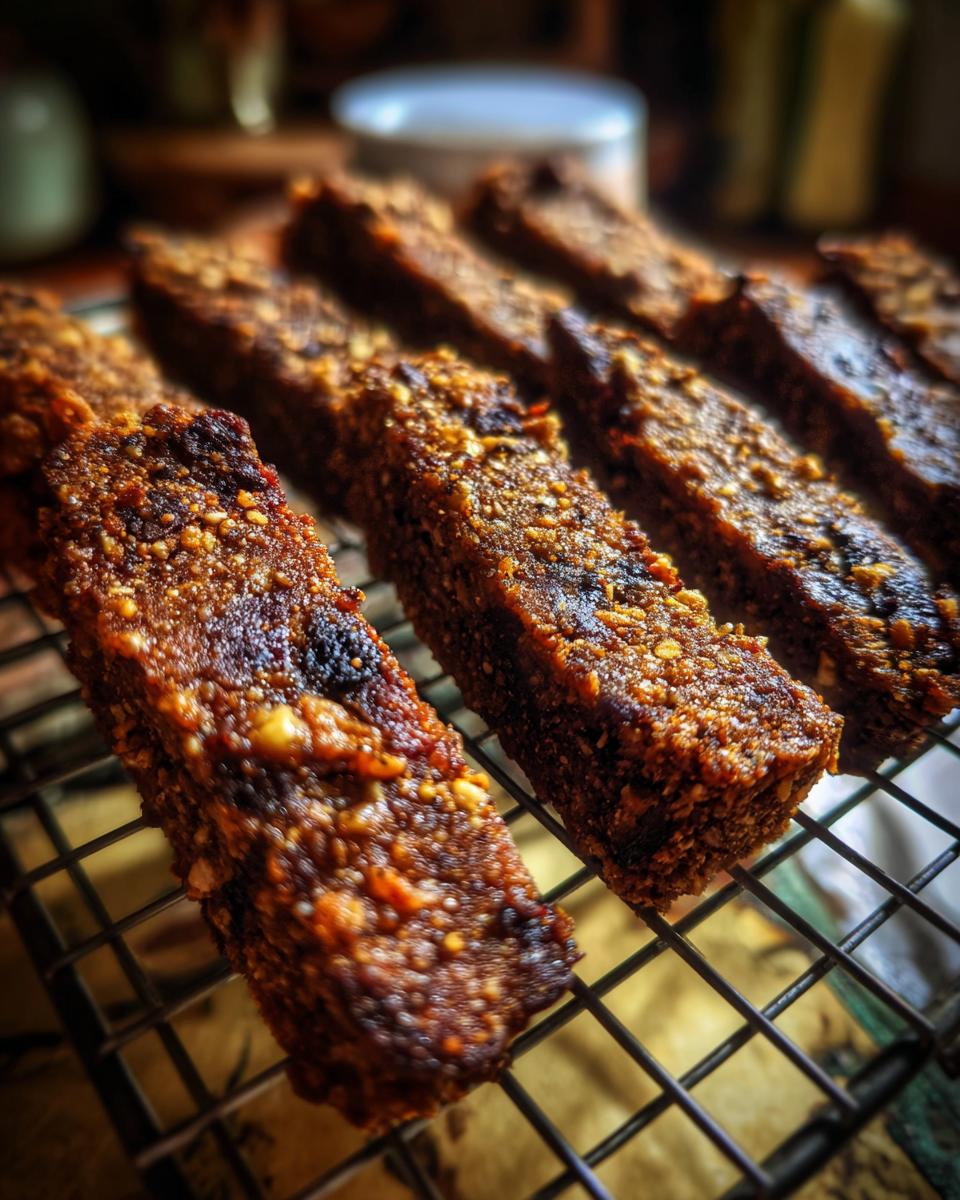 Close-up of freshly baked Beef and Oatmeal Long-Lasting Treat Sticks cooling on a wire rack.